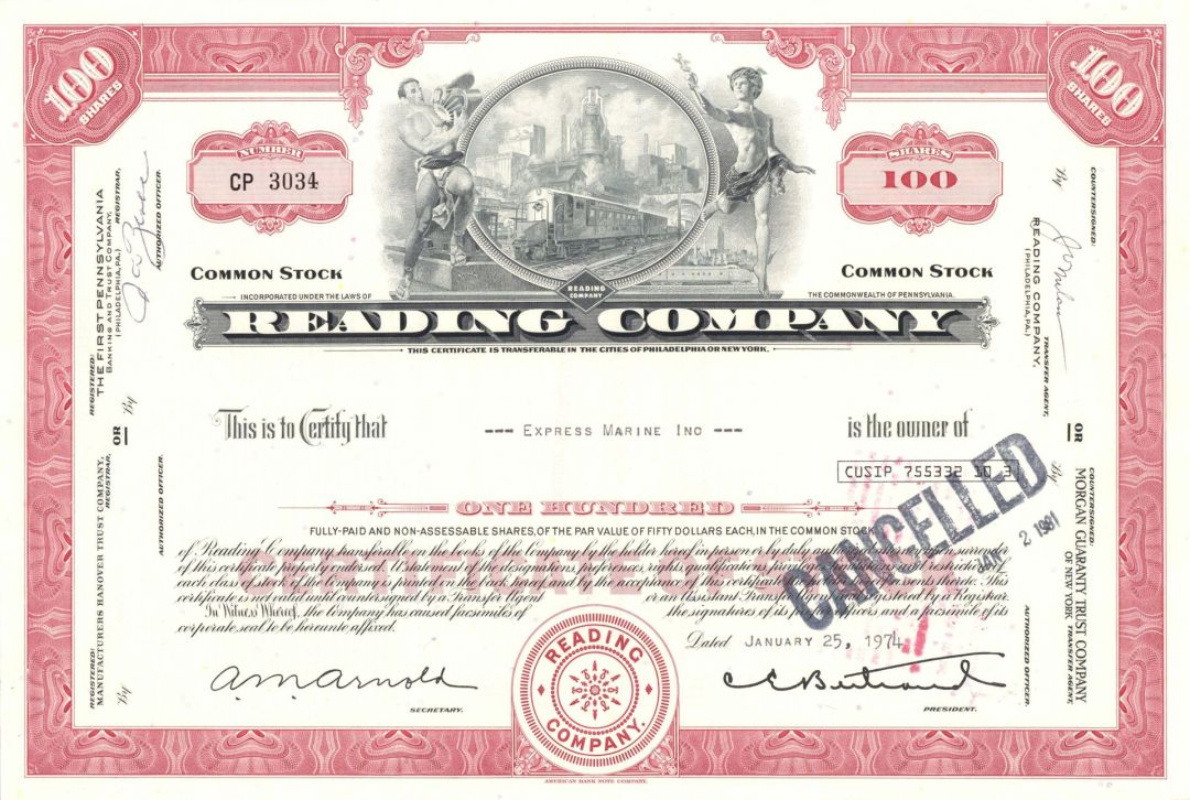 Reading Co. - 1960's-70's Railroad Stock Certificate - Monopoly Board Game Railway