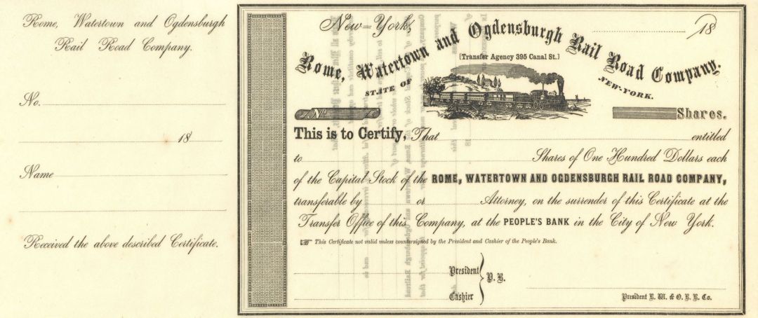 Rome, Watertown and Ogdensburgh Railroad - 1860's circa Unissued Railway Stock Certificate