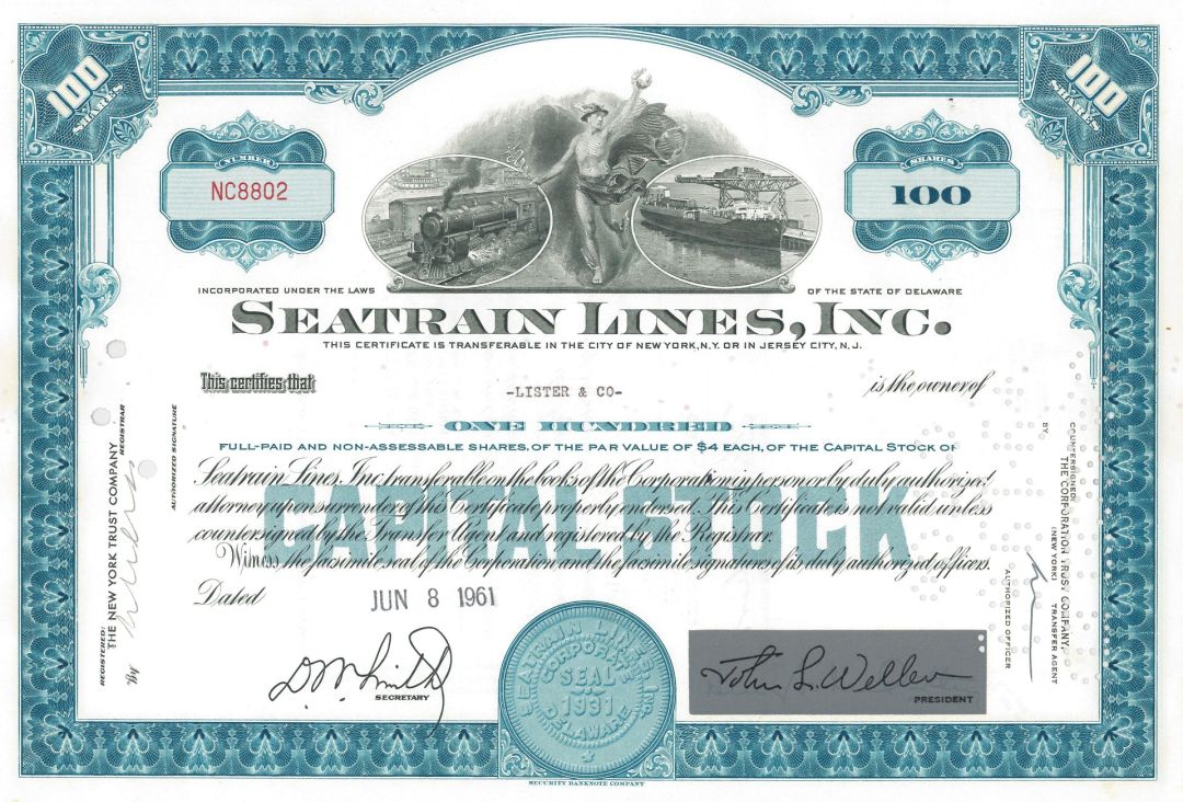 Seatrain Lines, Incorporated - 1960's dated Railroad Stock Certificate