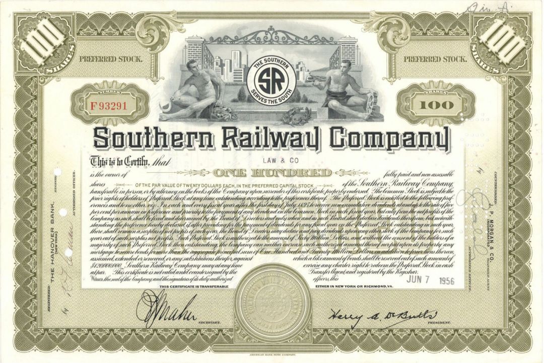 Southern Railway Co. - 1950's-60's dated Railroad Stock Certificate