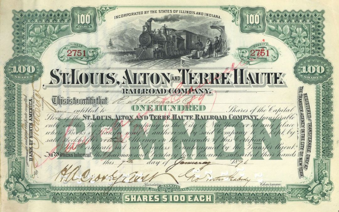St Louis, Alton and Terre Haute Railroad - Signed by George Foster Peabody - 1890's dated Autograph Railway Stock Certificate