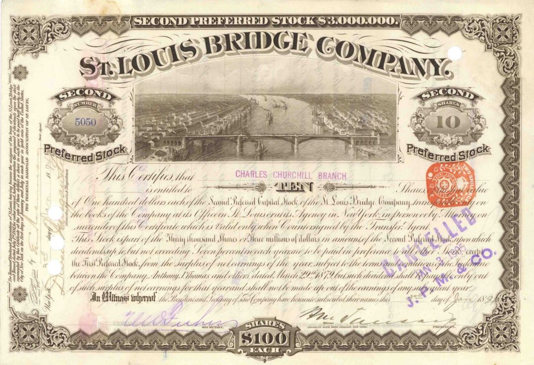 St. Louis Bridge Co. - Bridge & Railroad Stock Certificate
