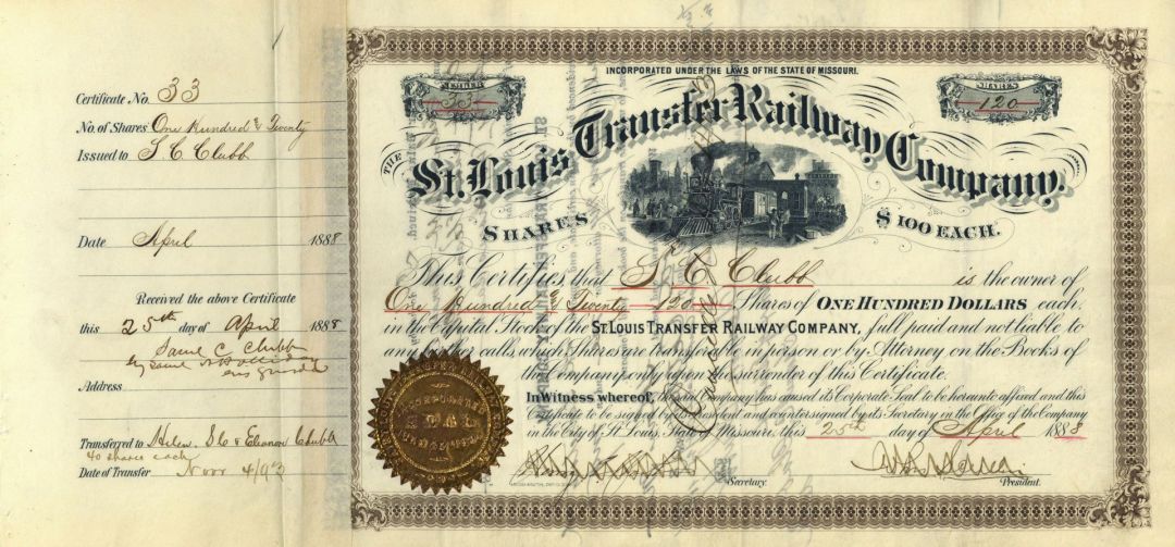 St. Louis Transfer Railway Co. - Railroad Stock Certificate