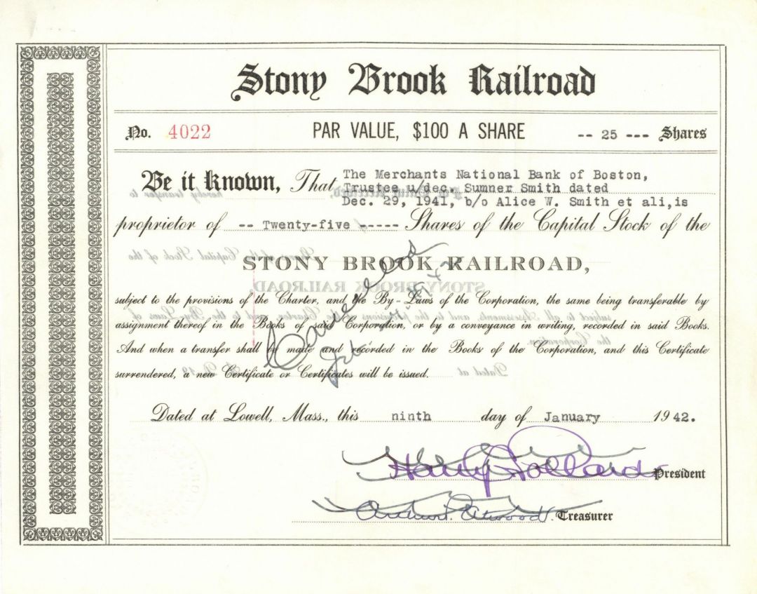 Stony Brook Railroad - Massachusetts Railway Stock Certificate