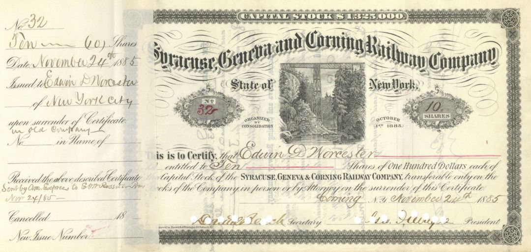 Syracuse, Geneva and Corning Railway - 1880-1920's dated Railroad Stock Certificate - New York