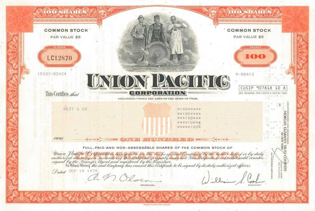 Union Pacific Corporation - dated 1970's-80's Railway Stock Certificate - Awesome Railroad History