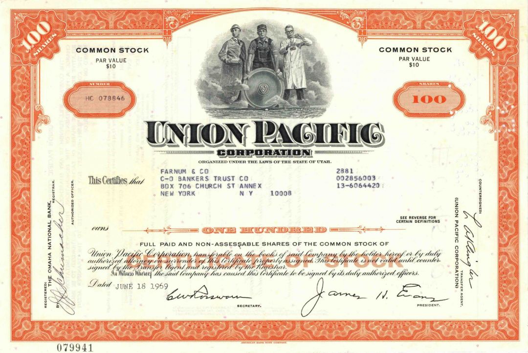Union Pacific Corporation - dated 1970's-80's Railway Stock Certificate - Awesome Railroad History