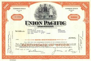 Union Pacific Corporation - dated 1970's-80's Railway Stock Certificate - Awesome Railroad History