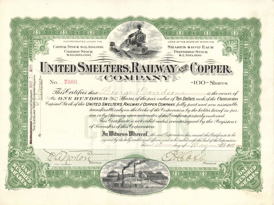 United Smelters, Railway and Copper Co. - 1909 dated Stock Certificate