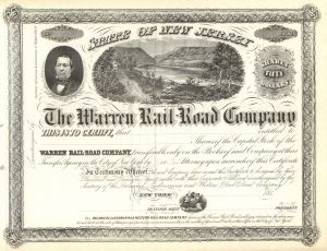 Warren Railroad Co. - 1850's dated New Jersey Unissued Railway Stock Certificate - Great Rail-Road History