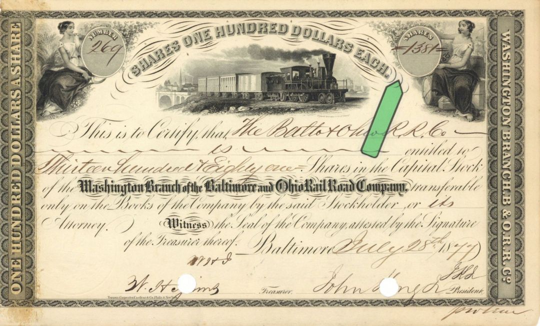 Washington Branch of Baltimore and Ohio Railroad Co. - High Denomination Stock Certificate
