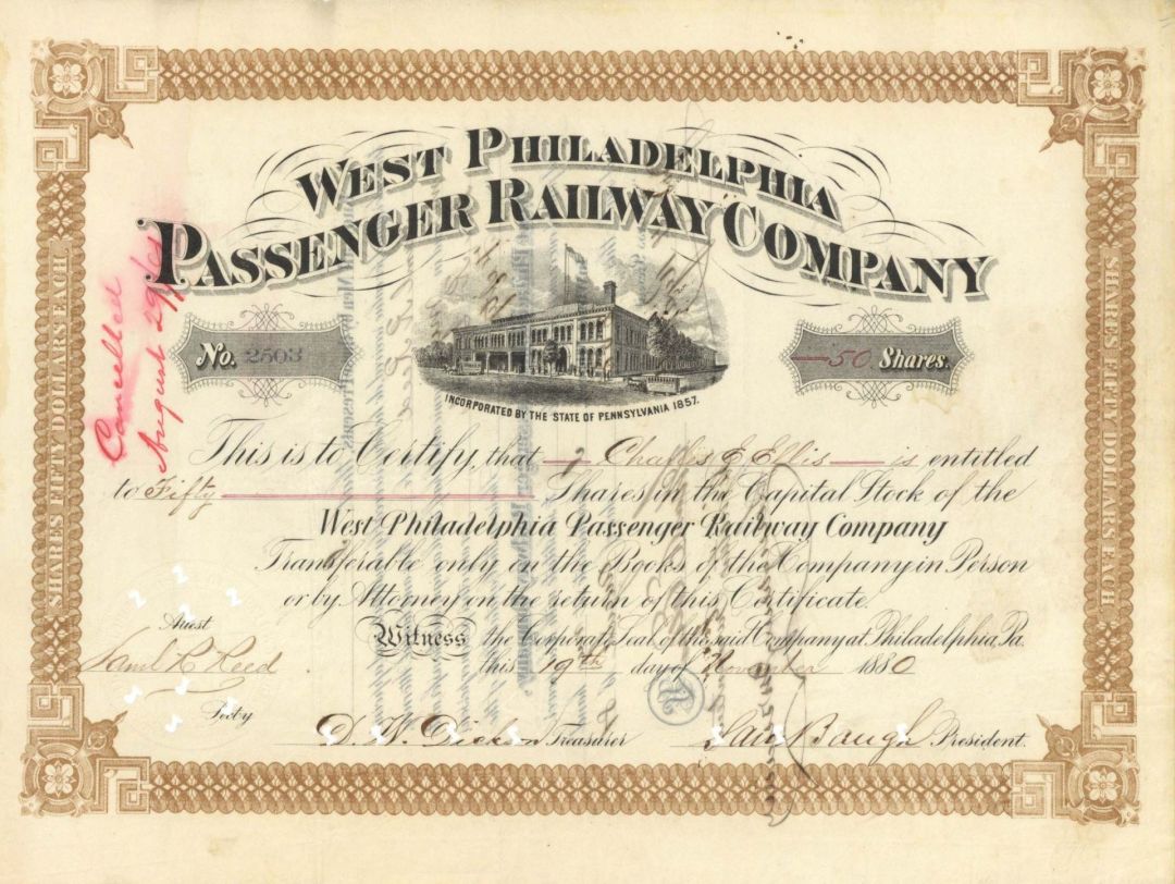 West Philadelphia Passenger Railway Co. - 1880-1928 dated Stock Certificate