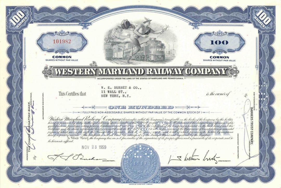 Western Maryland Railway Co. - 1950's dated Maryland Railroad Stock Certificate