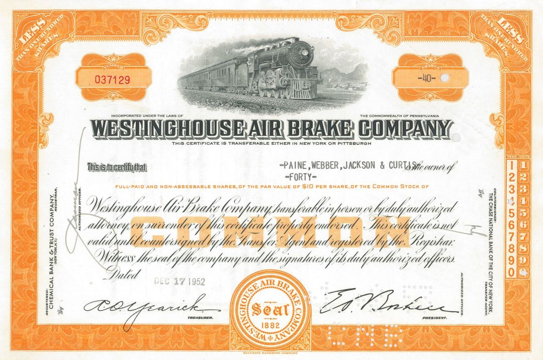 Westinghouse Air Brake Co. - 1930's-50's dated Pennsylvania Railway Stock Certificate