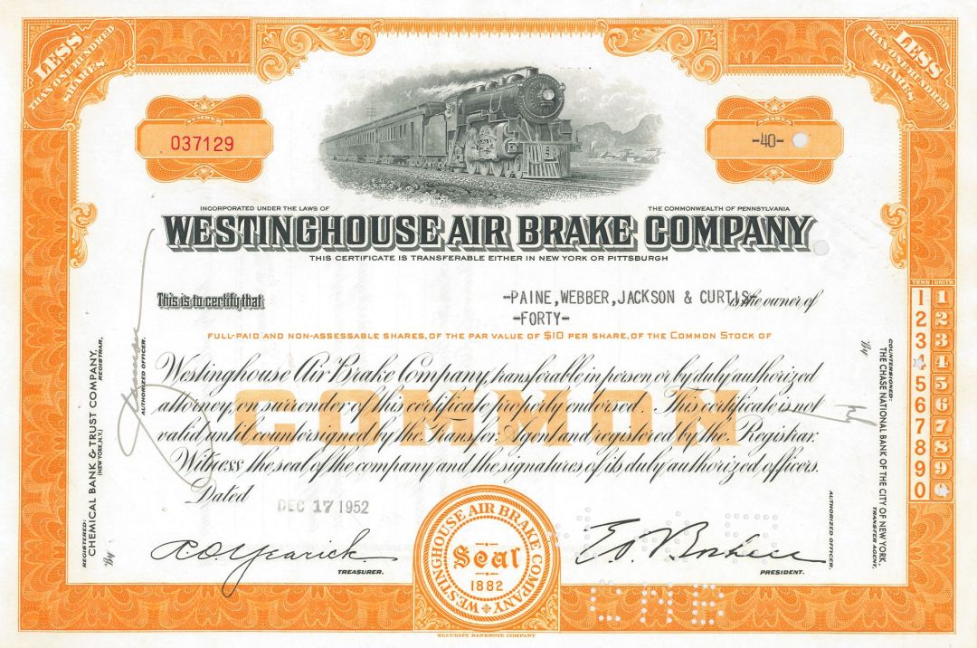 Westinghouse Air Brake Co. - Stock Certificate