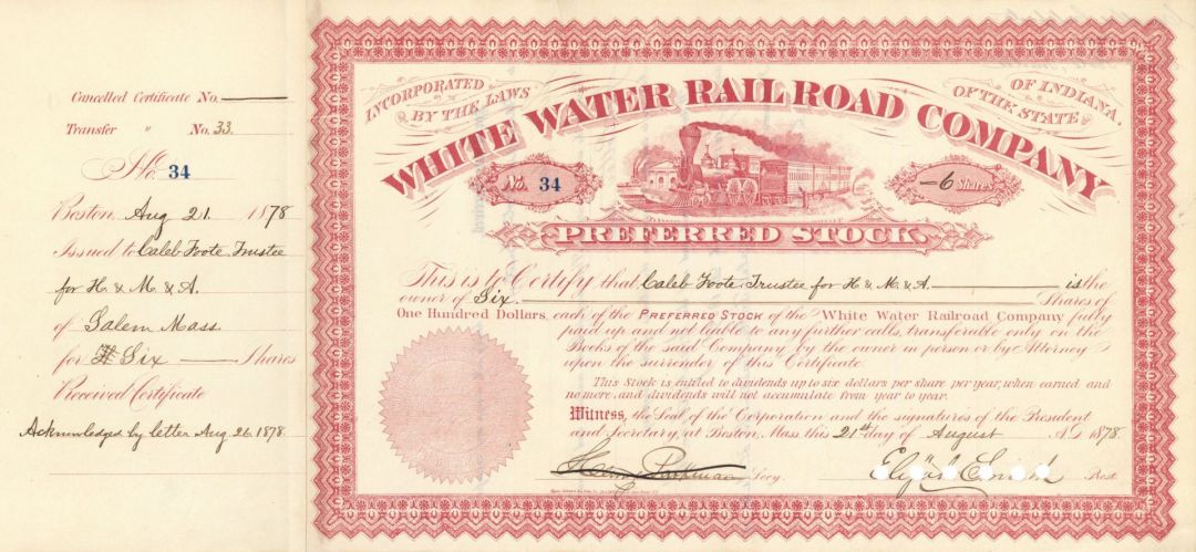 White Water Railroad Co. - Railway Stock Certificate