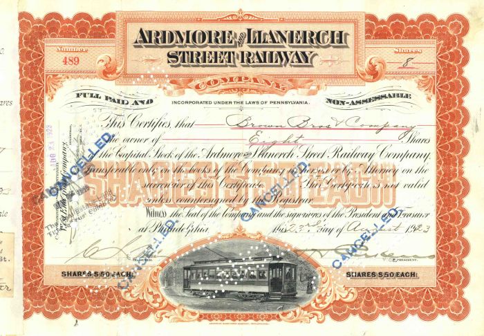 Ardmore and Llanerch Street Railway - Railroad Stock Certificate