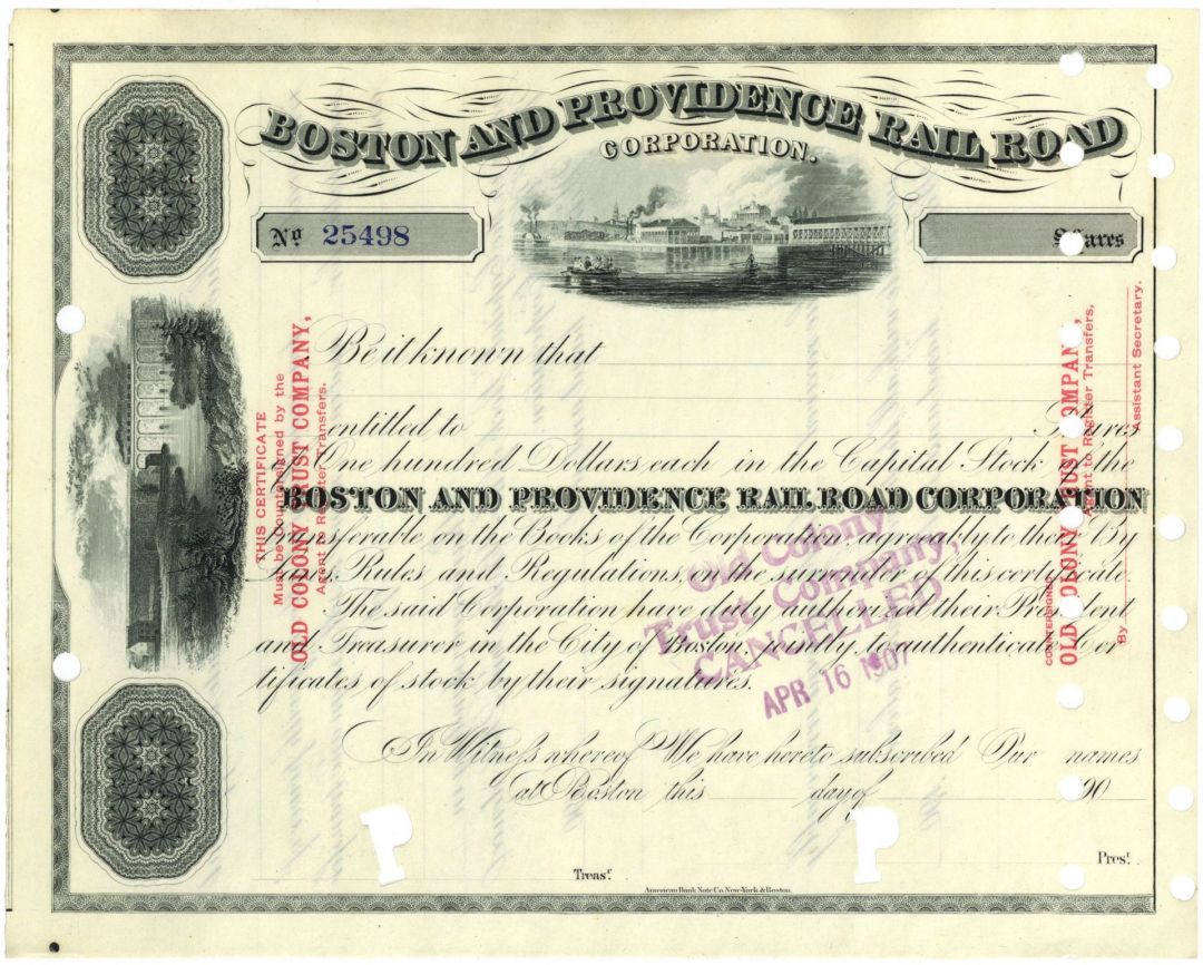 Boston and Providence Railroad - Unissued Railway Stock Certificate circa 1900's