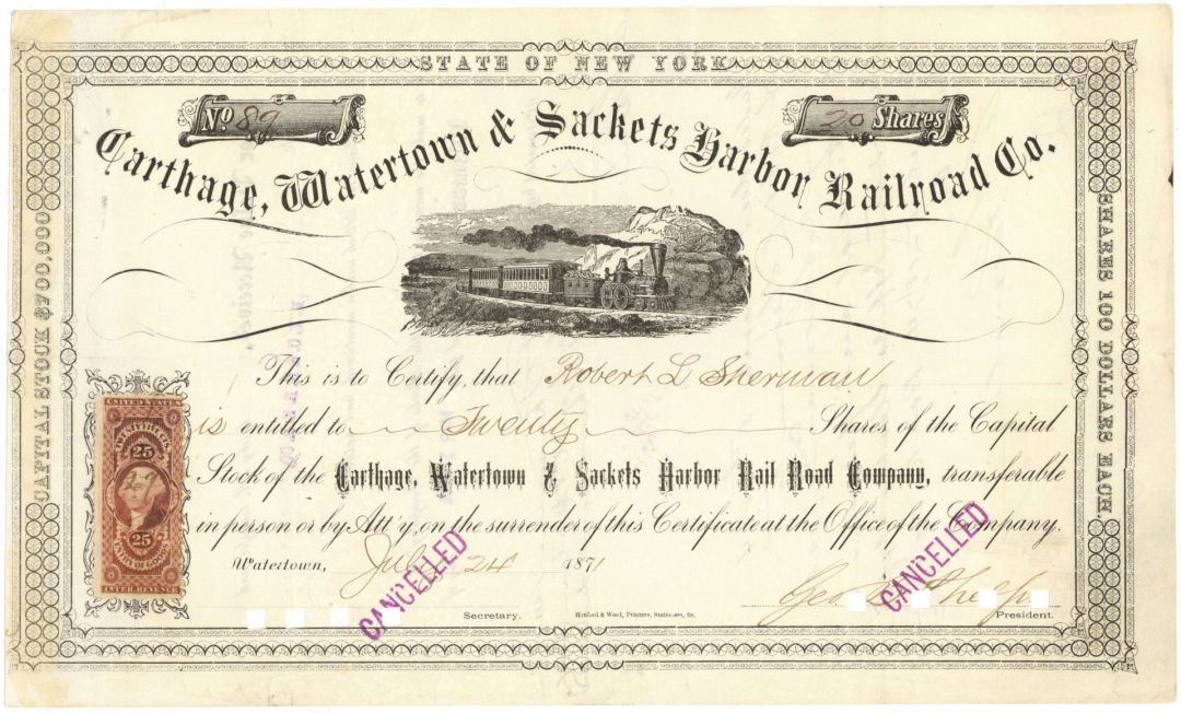 Carthage, Watertown & Sackets Harbor Railroad - Railway Stock Certificate