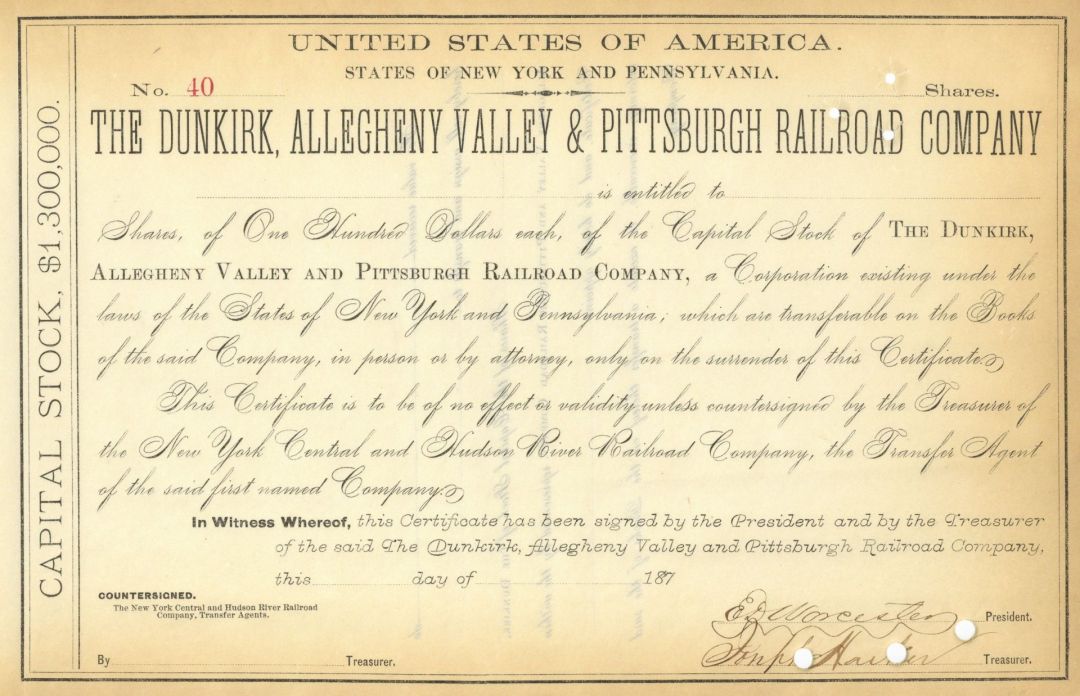 Dunkirk, Allegheny Valley and Pittsburgh Railroad - Partially Unissued Railway Stock Certificate