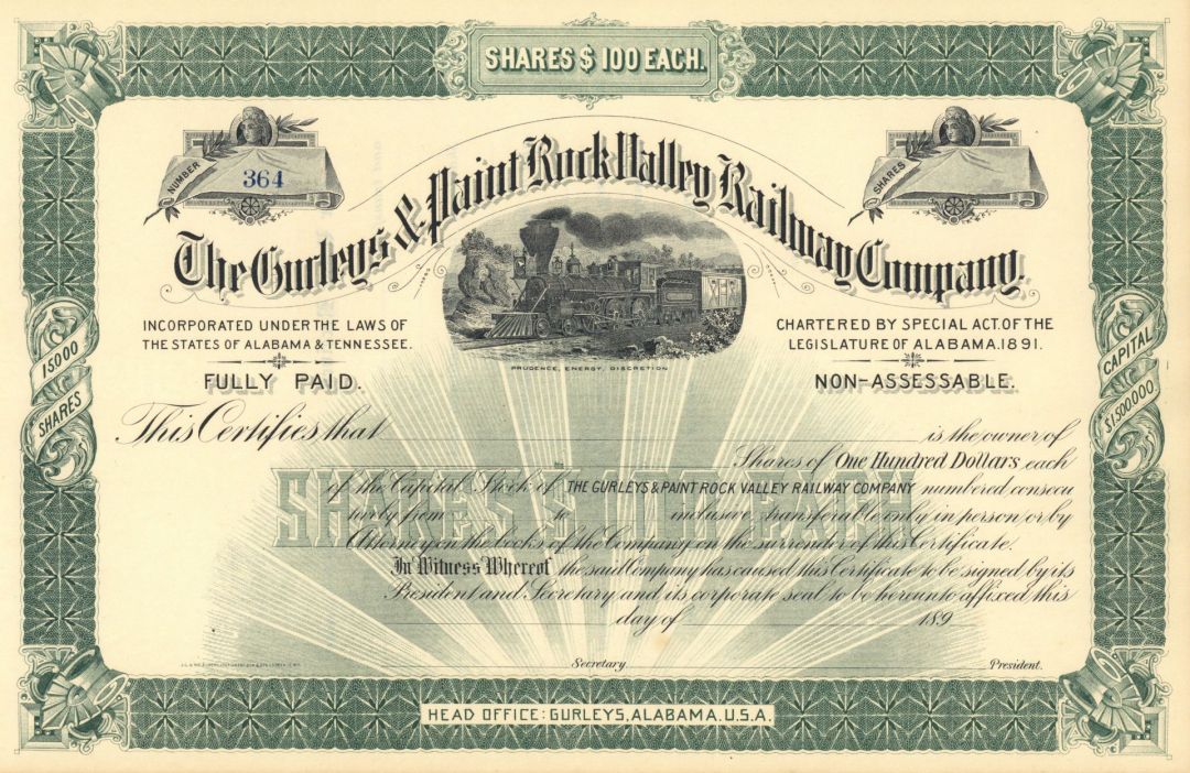 Gurleys and Paint Rock Valley Railway - 1890's Unissued Railroad Stock Certificate - Alabama