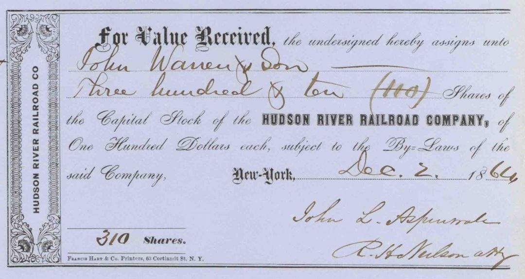 Hudson River Railroad - New York Railway Transfer Receipt dated 1864 or 1865
