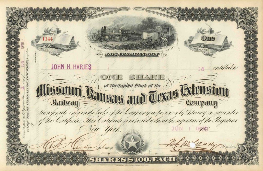 Missouri, Kansas and Texas Extension Railway - The Katy - 1880 dated Railroad Stock Certificate - Southern States