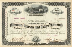 Missouri, Kansas and Texas Extension Railway - "The Katy" - 1880 dated Railroad Stock Certificate - Southern States