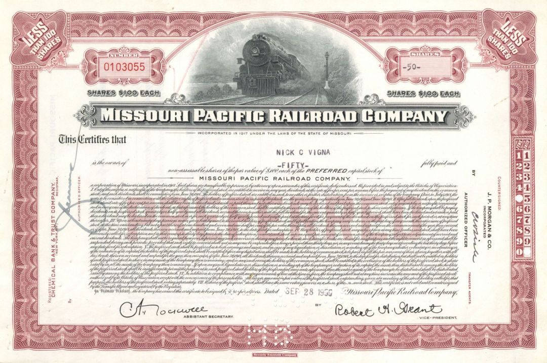 Missouri Pacific Railroad Co. - 1950's dated Stock Certificate