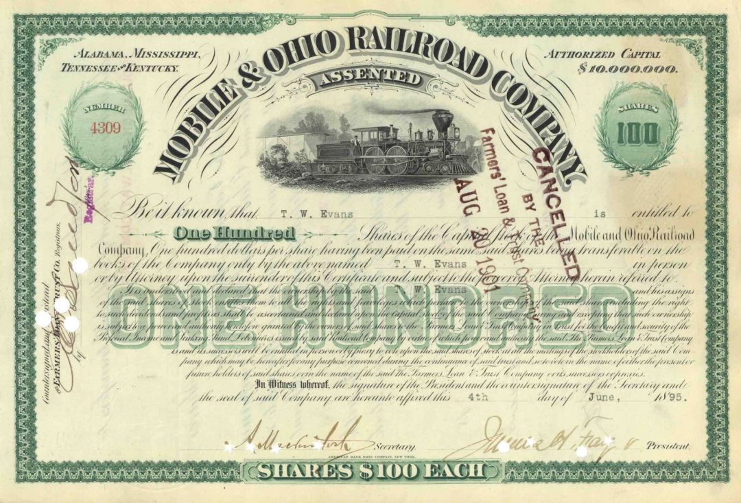 Mobile and Ohio Railroad Co. - Railway Stock Certificate from Alabama, Mississippi, Tennessee & Kentucky