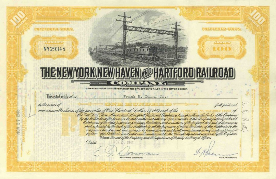 New York, New Haven and Hartford Railroad Co. - 1920-40's dated Railway Stock Certificate