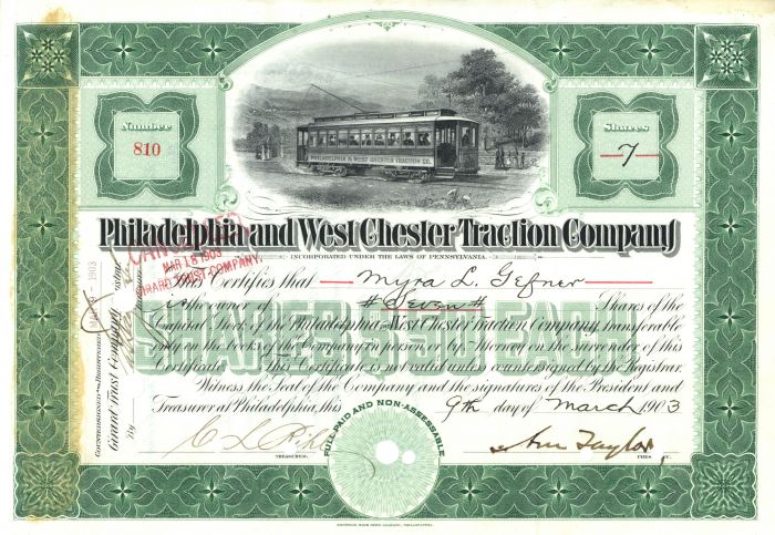 Philadelphia and West Chester Traction Co. - Railway Stock Certificate