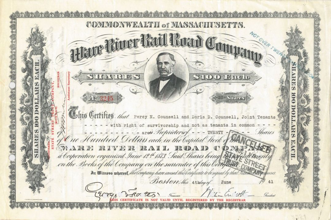 Ware River Railroad - 1940's dated Railway Stock Certificate