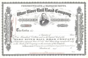 Ware River Railroad - circa 1940's Unissued Massachusetts Railway Stock Certificate