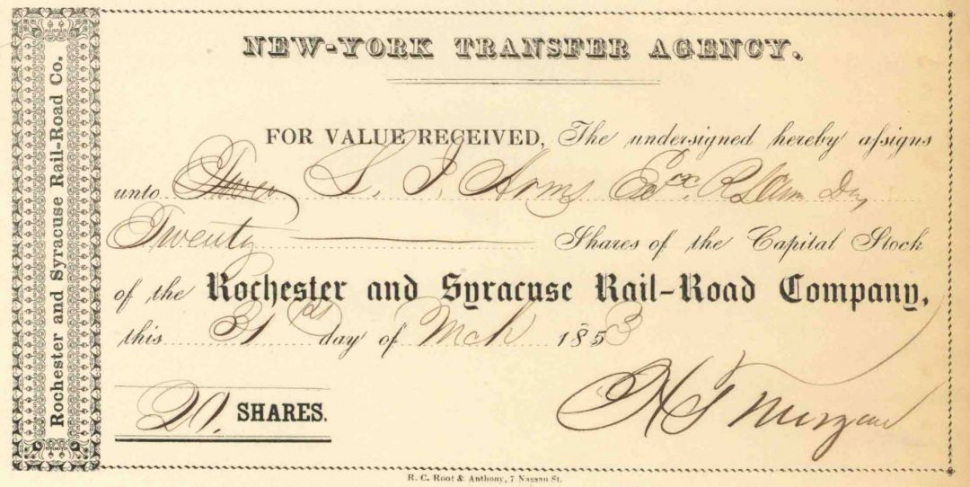 Rochester and Syracuse Railroad - New York Railway Transfer Receipt dated 1850's