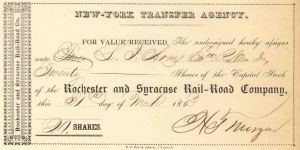 Rochester and Syracuse Railroad - New York Railway Transfer Receipt dated 1850's