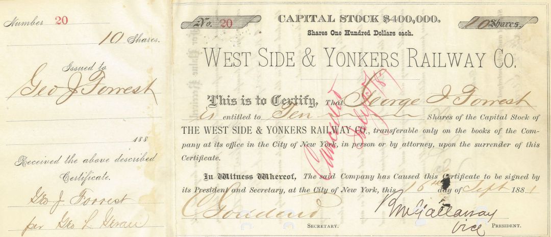 West Side and Yonkers Railway Co. - 1880's dated New York Railroad Stock Certificate