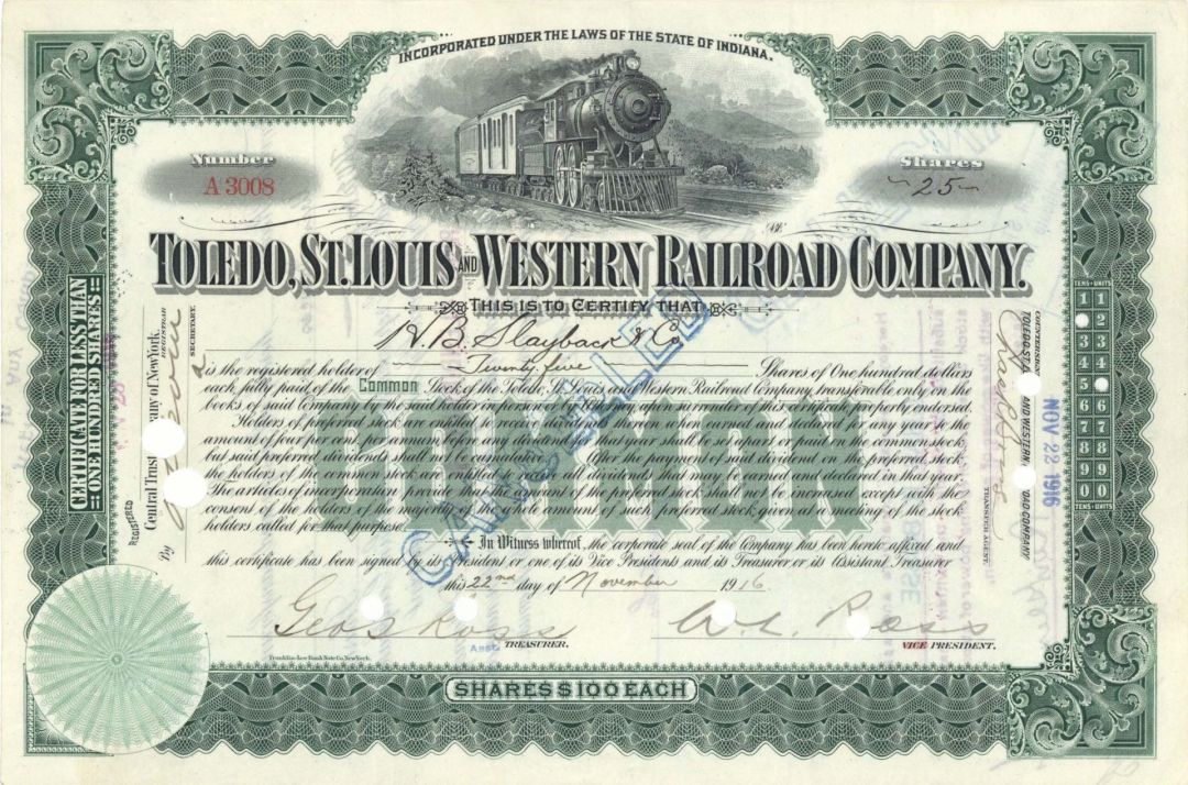 Toledo, St. Louis and Western Railroad Co. - 1916 dated Stock Certificate