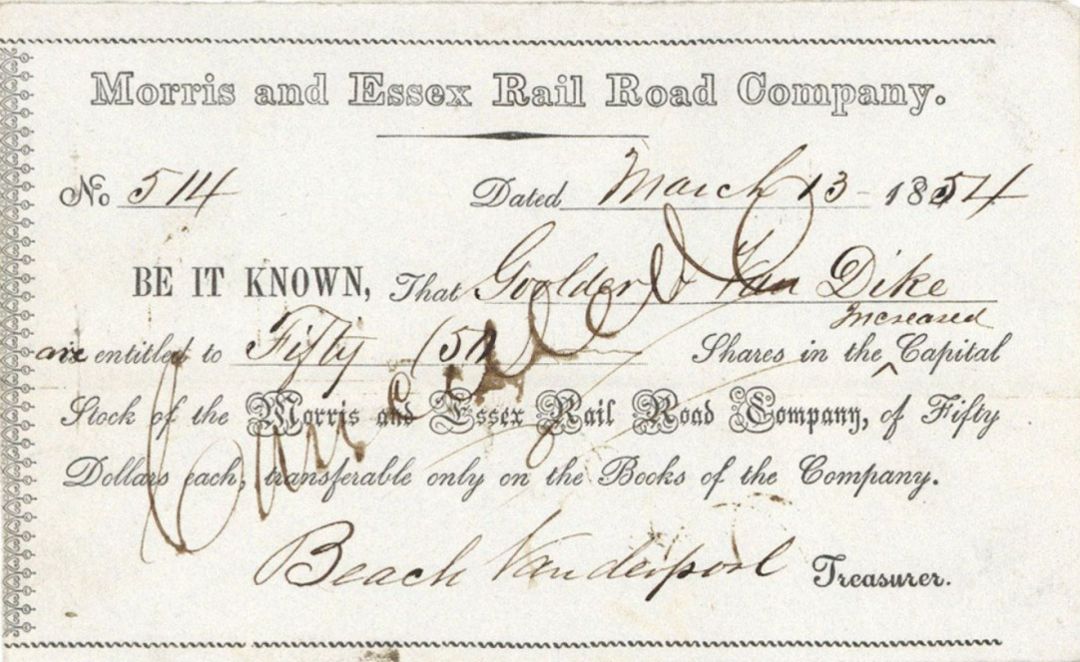 Morris and Essex Rail Road Co. - Stock Certificate