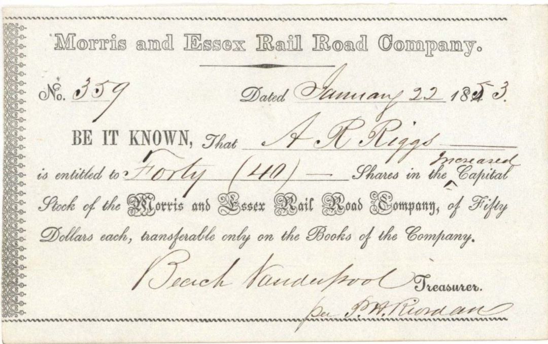 Morris and Essex Rail Road Co. - 1853 or 1854 dated Stock Certificate
