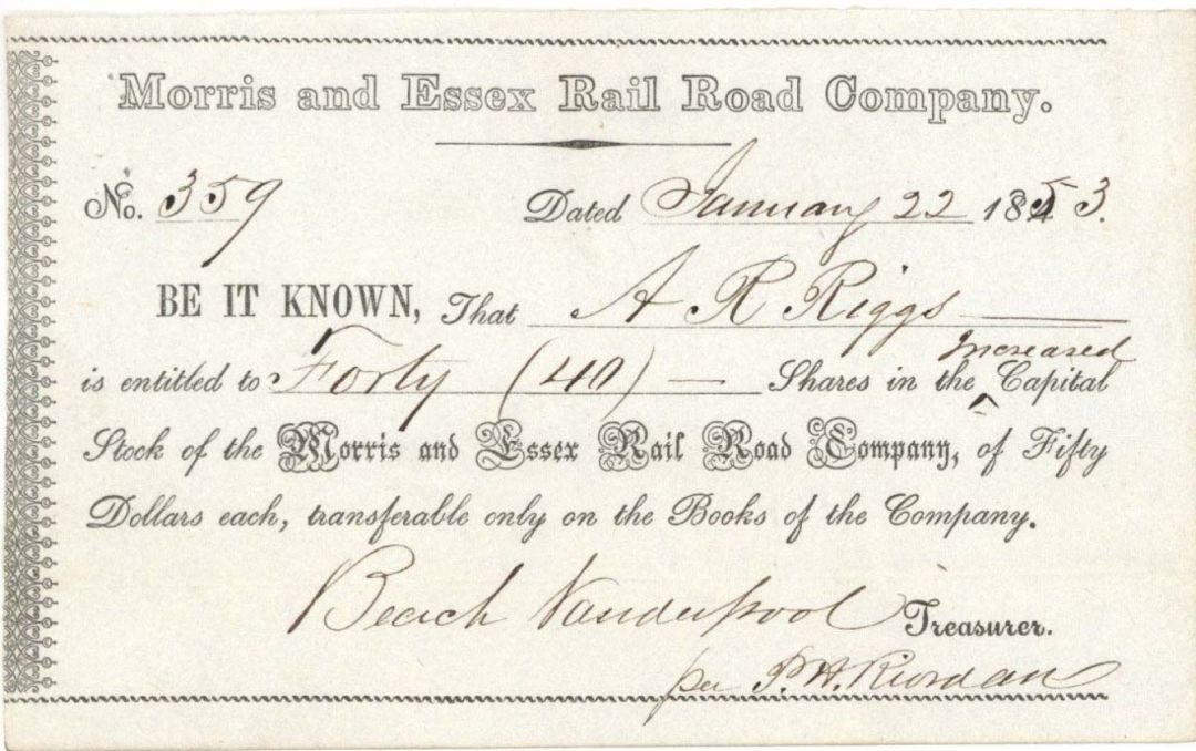 Morris and Essex Rail Road Co. - Stock Certificate