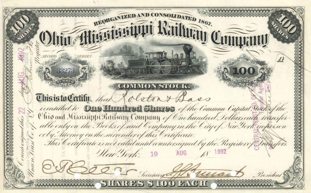 Ohio and Mississippi Railway Co. - 1892 or 1893 Stock Certificate