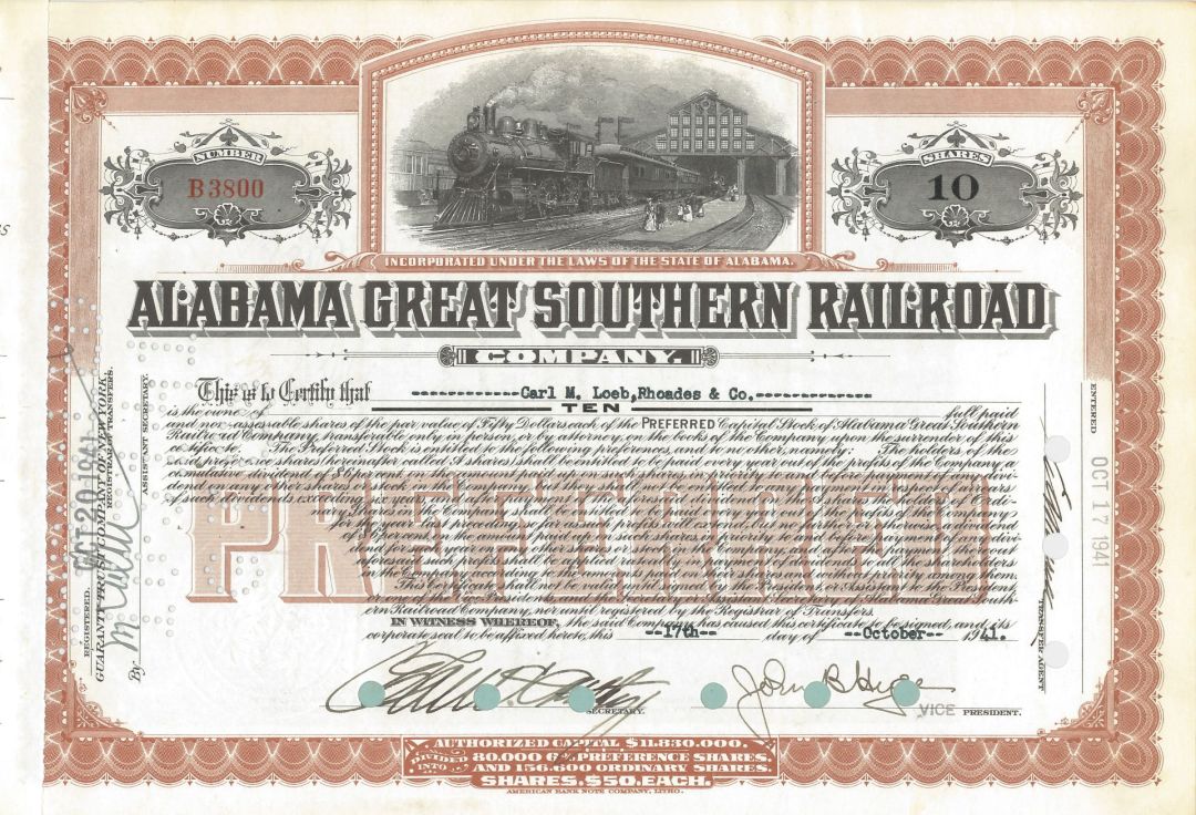 Alabama Great Southern Railroad - 1940's dated Railway Stock Certificate