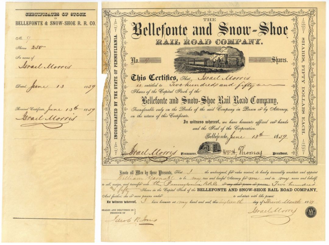 Bellefonte and Snow-Shoe Rail Road Co. - 1859 dated Pennsylvania Railway Stock Certificate - Bellefonte and Snowshoe Railroad