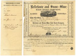 Bellefonte and Snow-Shoe Rail Road Co. - 1859 dated Pennsylvania Railway Stock Certificate - Bellefonte and Snowshoe Railroad