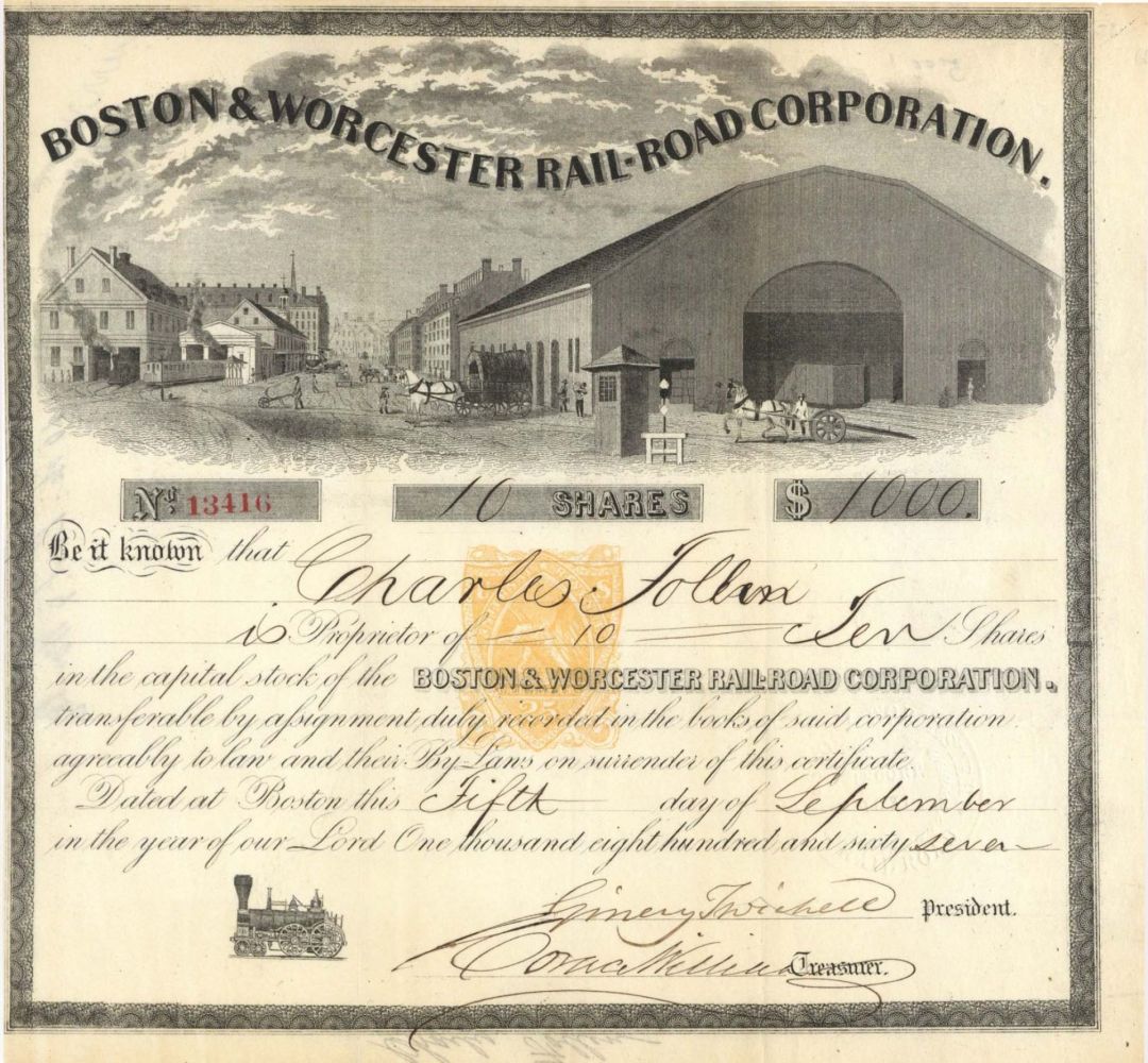 Boston and Worcester Railroad Corp. - 1866-1867 dated Stock Certificate