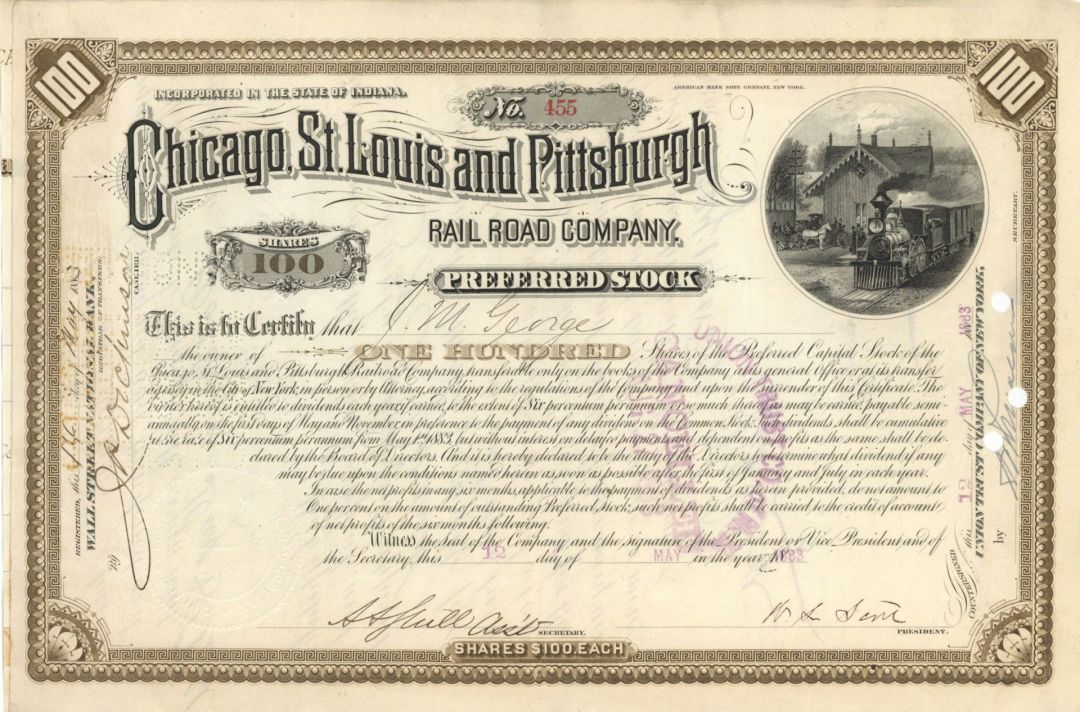 Chicago, St. Louis, and Pittsburgh Railroad Co. - 1883 dated Stock Certificate