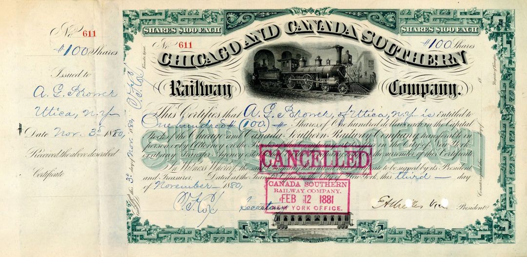 Chicago and Canada Southern Railway Co. - Stock Certificate