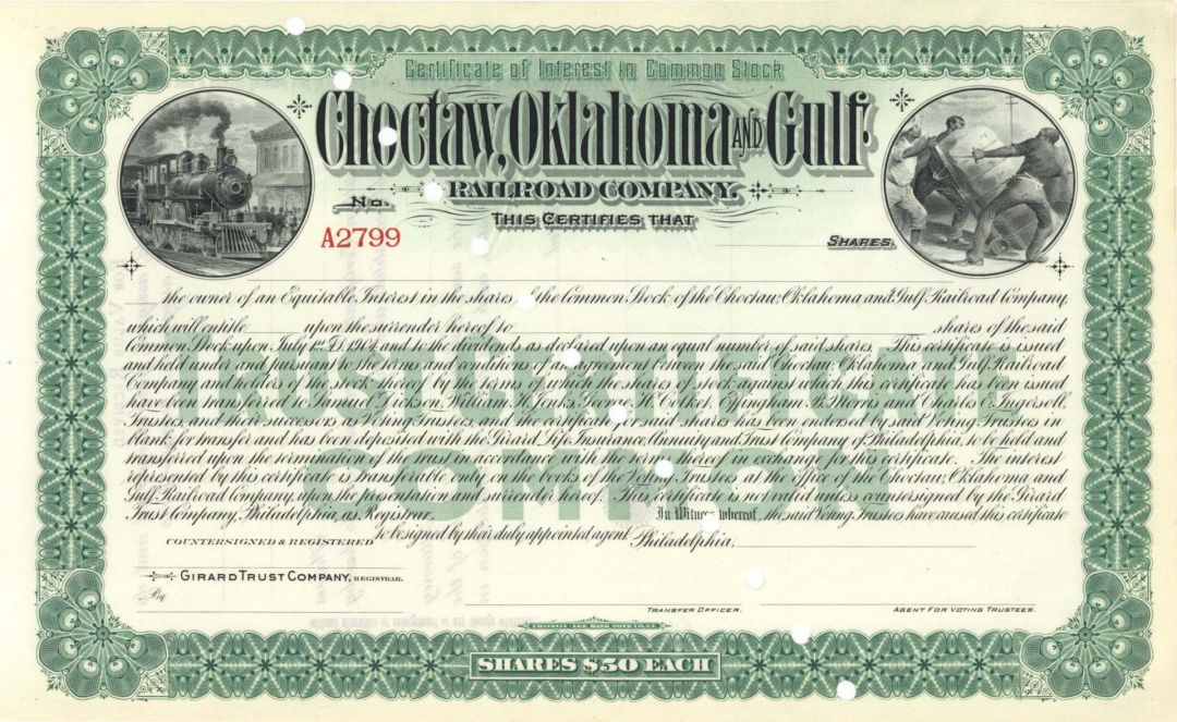 Choctaw, Oklahoma and Gulf Railroad Co. - Unissued Stock Certificate
