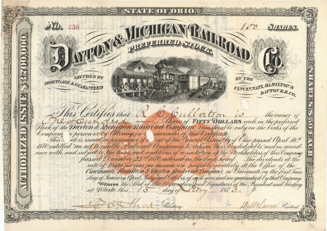 Dayton and Michigan Railroad Co. - 1873-1875 Stock Certificate